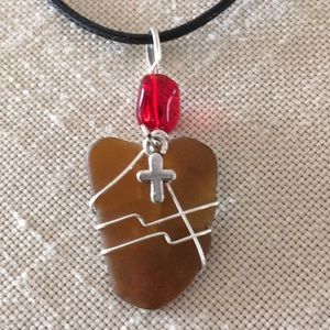 HAND CRAFTED Genuine Sea Glass Wire Wrapped Brown and Red Pendant Cross Necklace